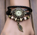 Women wristwatches With Weave Wrap quartz watch PU Leather Leaf Beads Wrist watches women bayan saatleri - Mint Accessories