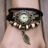 Women wristwatches With Weave Wrap quartz watch PU Leather Leaf Beads Wrist watches women bayan saatleri - Mint Accessories