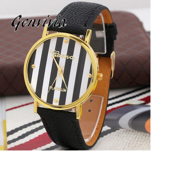 2017 Genvivia Brand 3color Quartz Watches Women Classic Stripes Print PU Leather Woman Man Analog Wrist Watch #T40 Gift - Mint Accessories